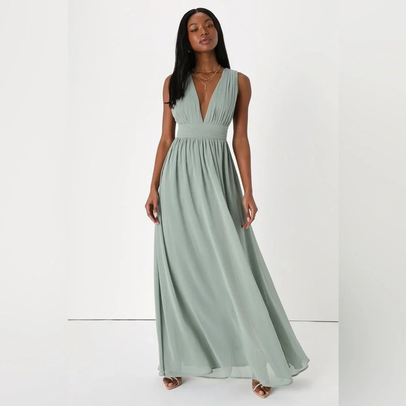 Lulu's NEW Heavenly Hues Sage Green Brush Sleeveless V-Neck Maxi Dress Size XS - Picture 1 of 12